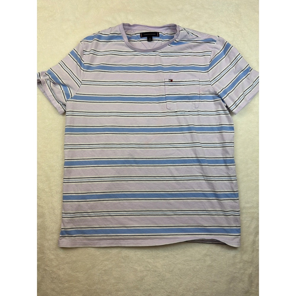 Tommy Hilfiger Mens Striped Pocket T-Shirt Lavender Blue White Crewneck Large